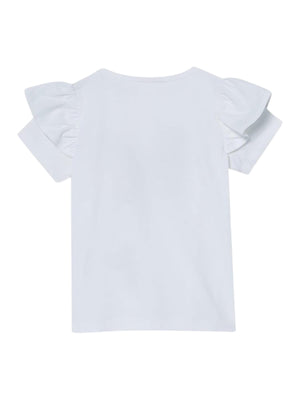 T-shirt bambina bianca con farfalla pastello e maniche a balza
