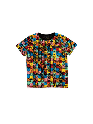 T-shirt bambino nera multicolor in cotone con stampa monogramma