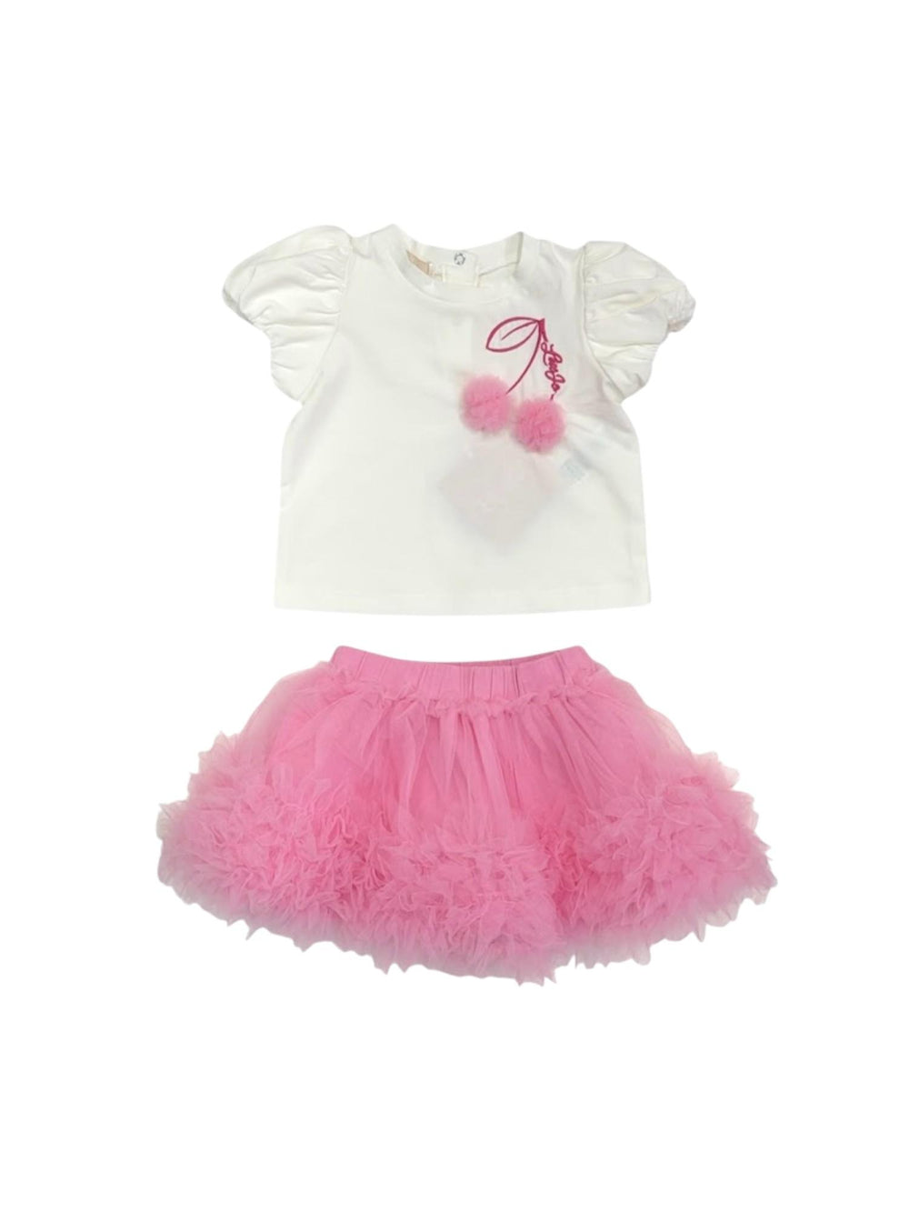 Completo bambina t-shirt bianca con ciliegie e gonna in tulle rosa
