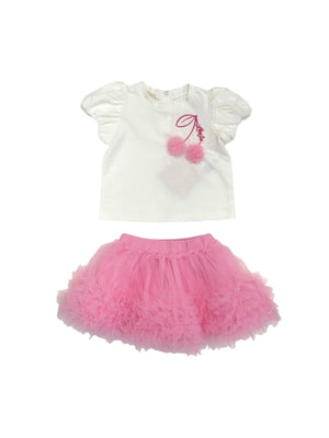 Completo bambina t-shirt bianca con ciliegie e gonna in tulle rosa