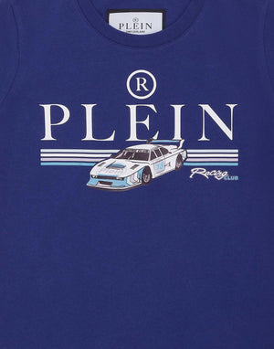 T-shirt bambino blu navy con stampa auto da corsa in cotone