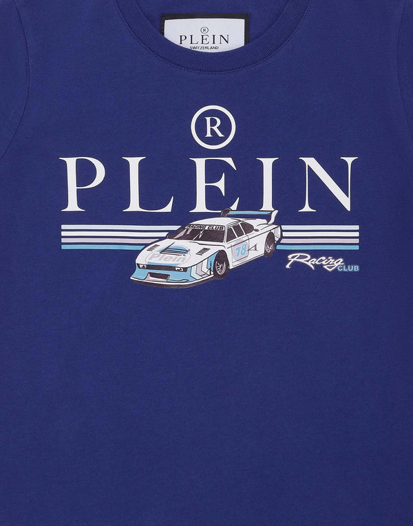 T-shirt bambino blu navy con stampa auto da corsa in cotone