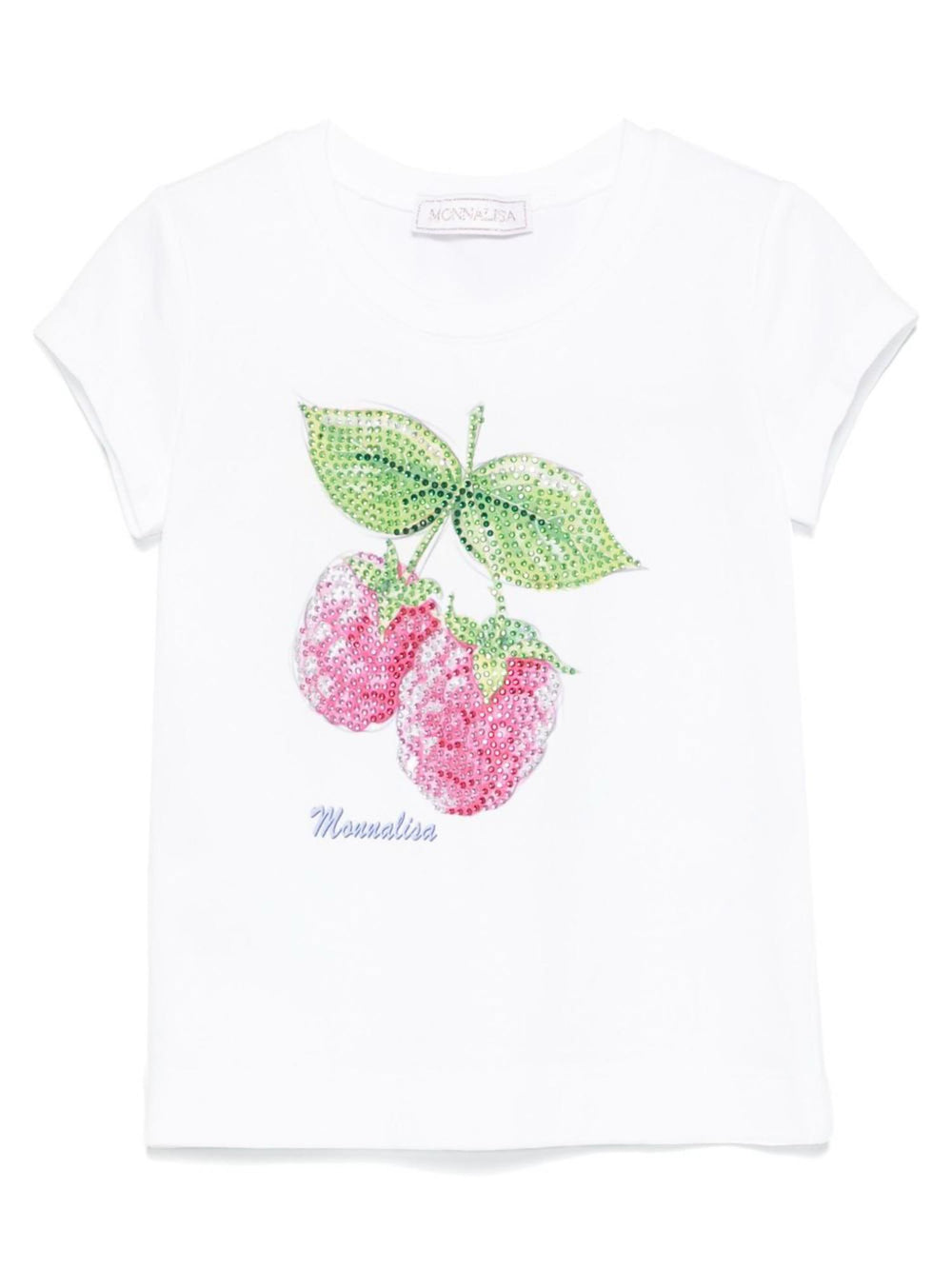 T-shirt bambina bianca con stampa frutta e cristalli
