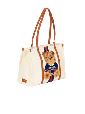 Borsa donna canvas white in cotone con orsetto ricamato