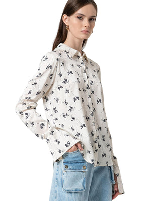 Camicia donna bianca a fiori con maniche lunghe e colletto classico