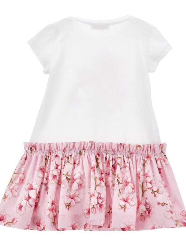 Abito bambina bianco e rosa con stampa Bambi e balza floreale