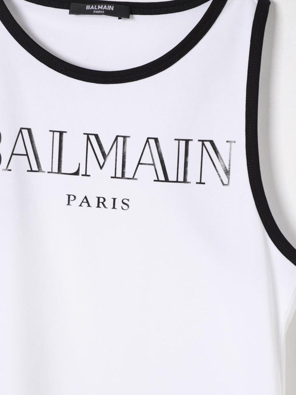 T-shirt bambina bianca in cotone elasticizzato con logo nero