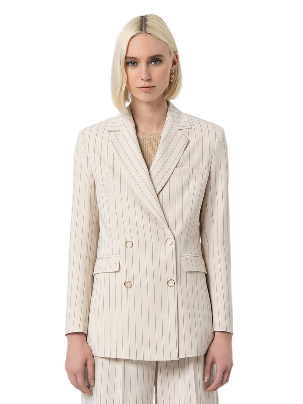 Blazer donna doppiopetto avorio a righe sottili con bottoni dorati