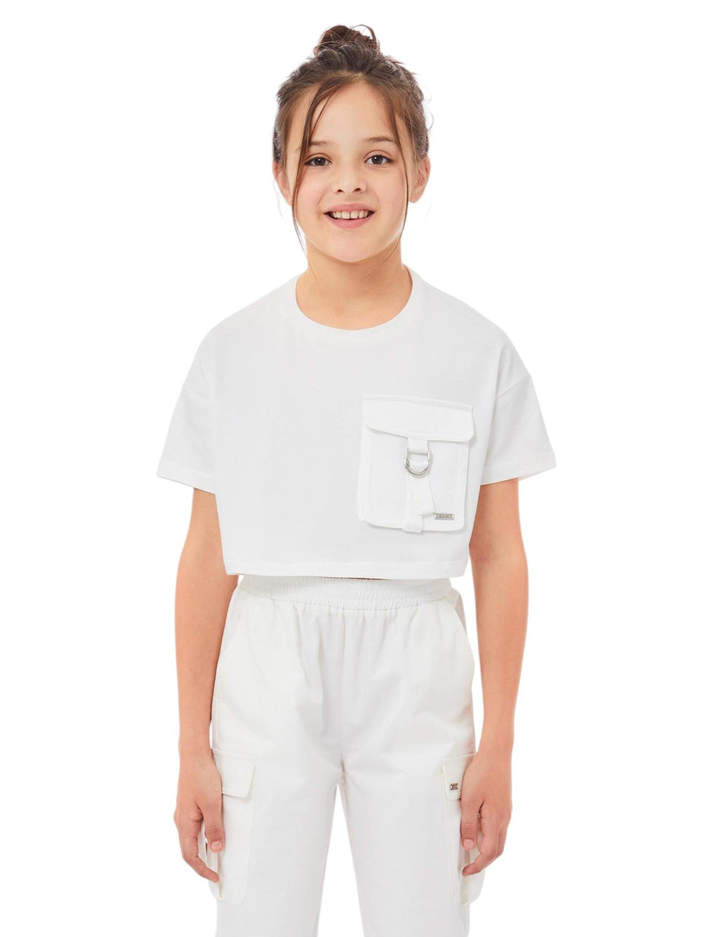 T-shirt bambina bianca cropped con tasca utility