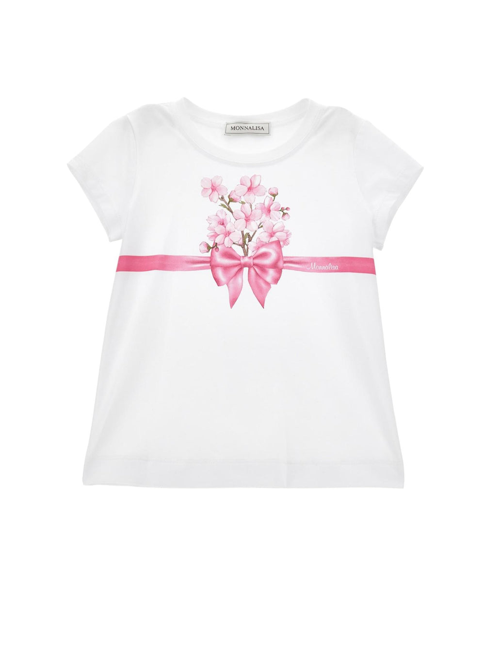 T-shirt bambina bianca in cotone con stampa floreale e fiocco