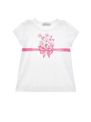 T-shirt bambina bianca in cotone con stampa floreale e fiocco