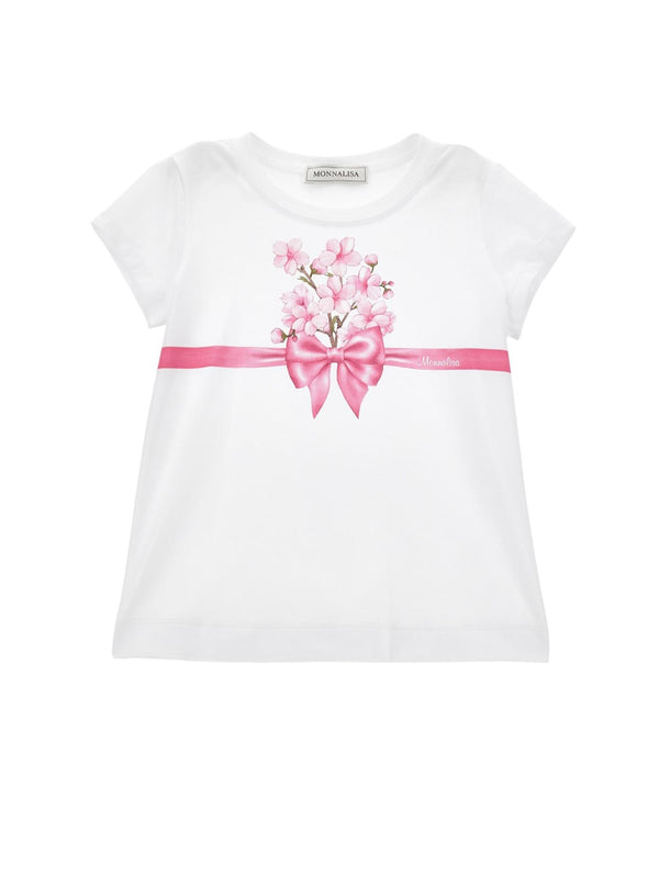 T-shirt bambina bianca in cotone con stampa floreale e fiocco