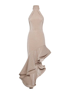 Abito donna asimmetrico color crystal con balza