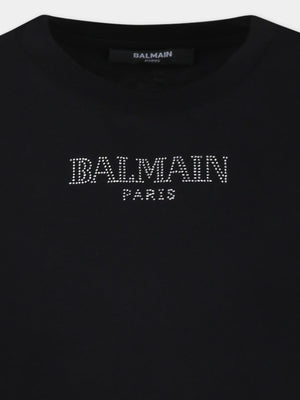T-shirt bambina nera in cotone con logo strass