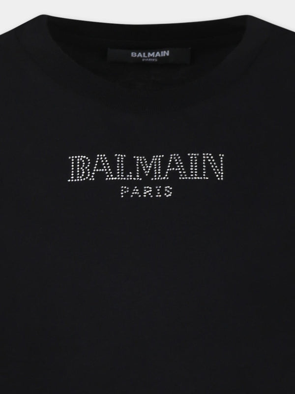 T-shirt bambina nera in cotone con logo strass