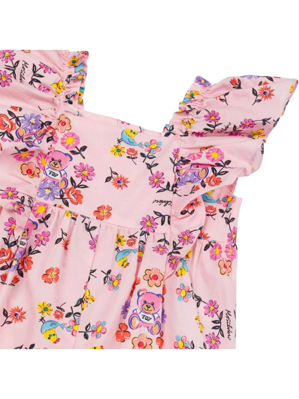 Pagliaccetto bambina rosa con stampa fiori e Teddy Bear