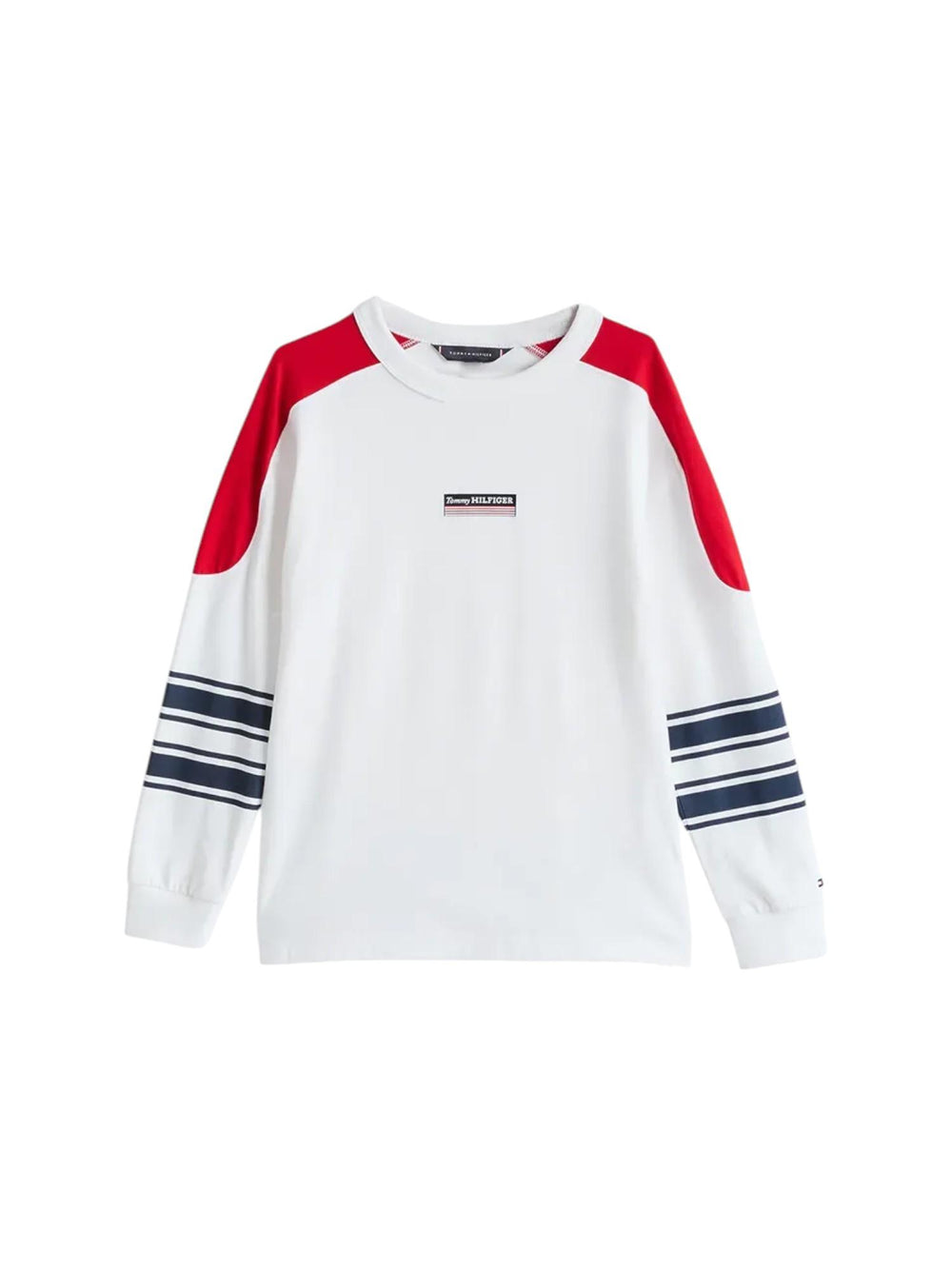 T-shirt bambino bianca a maniche lunghe con dettagli rossi e blu