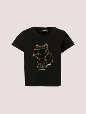 T-shirt nera con Choupette e paillettes Z30944 /09B KARL LAGERFELD 