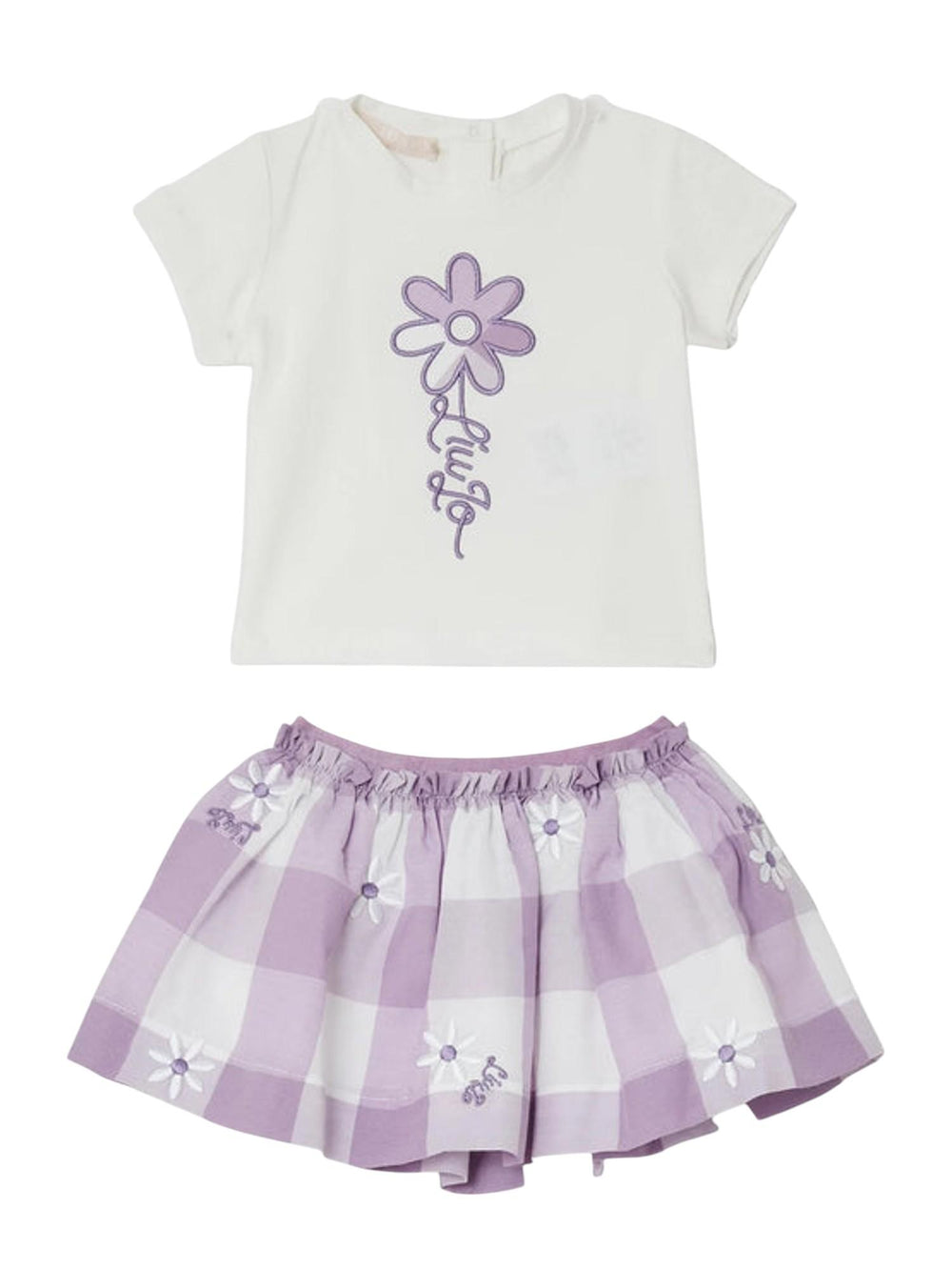 Completo bambina t-shirt bianca con margherita e gonnellina vichy