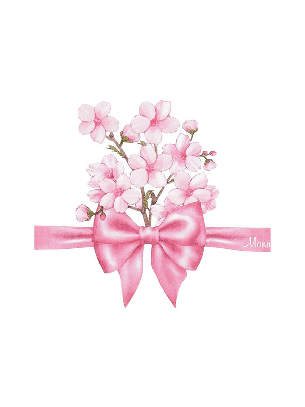 T-shirt bambina bianca in cotone con stampa floreale e fiocco