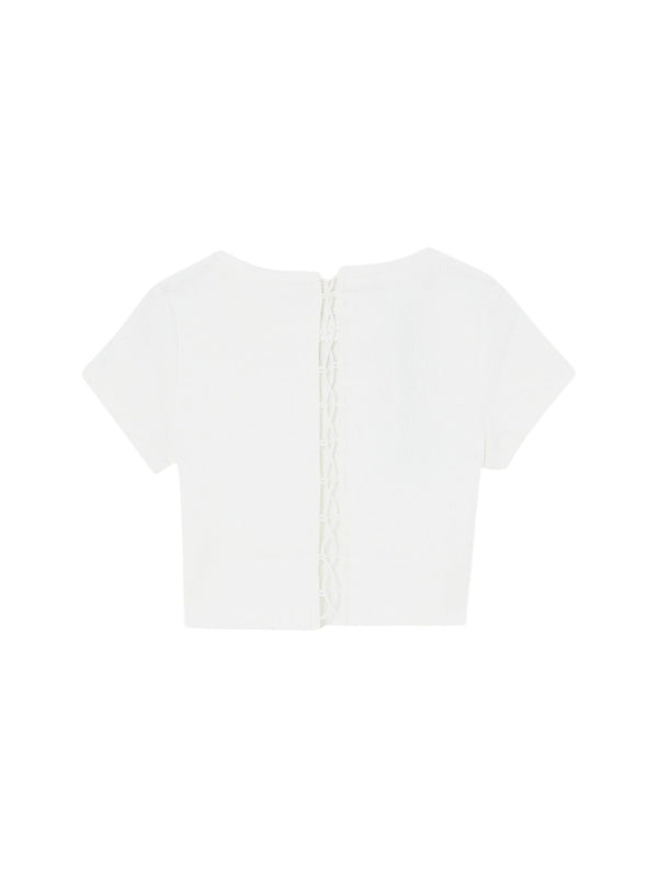 T-shirt bambina bianca cropped con logo minimal