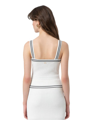 Top donna cream con profili black e bottoni decorativi