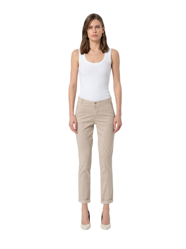 Pantaloni chino donna slim fit beige con risvolto