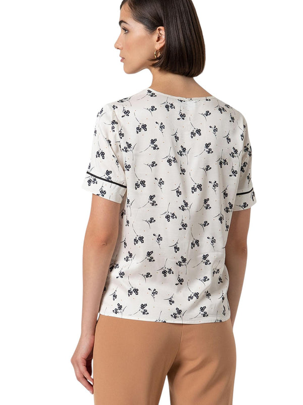 Maglia donna bianca a fiori con maniche corte