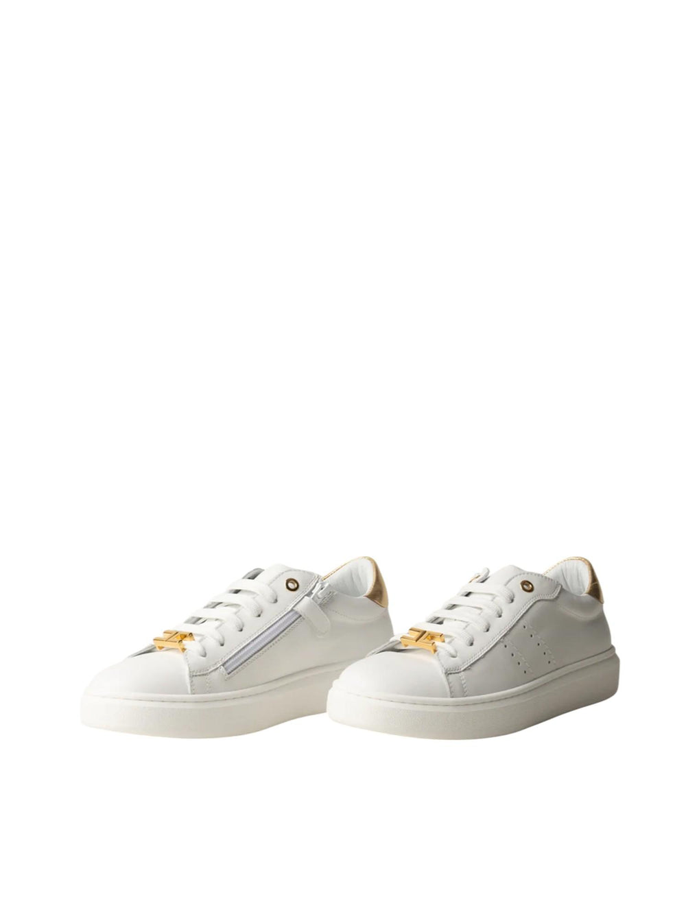 Sneakers bambina in pelle bianca e oro con zip e logo