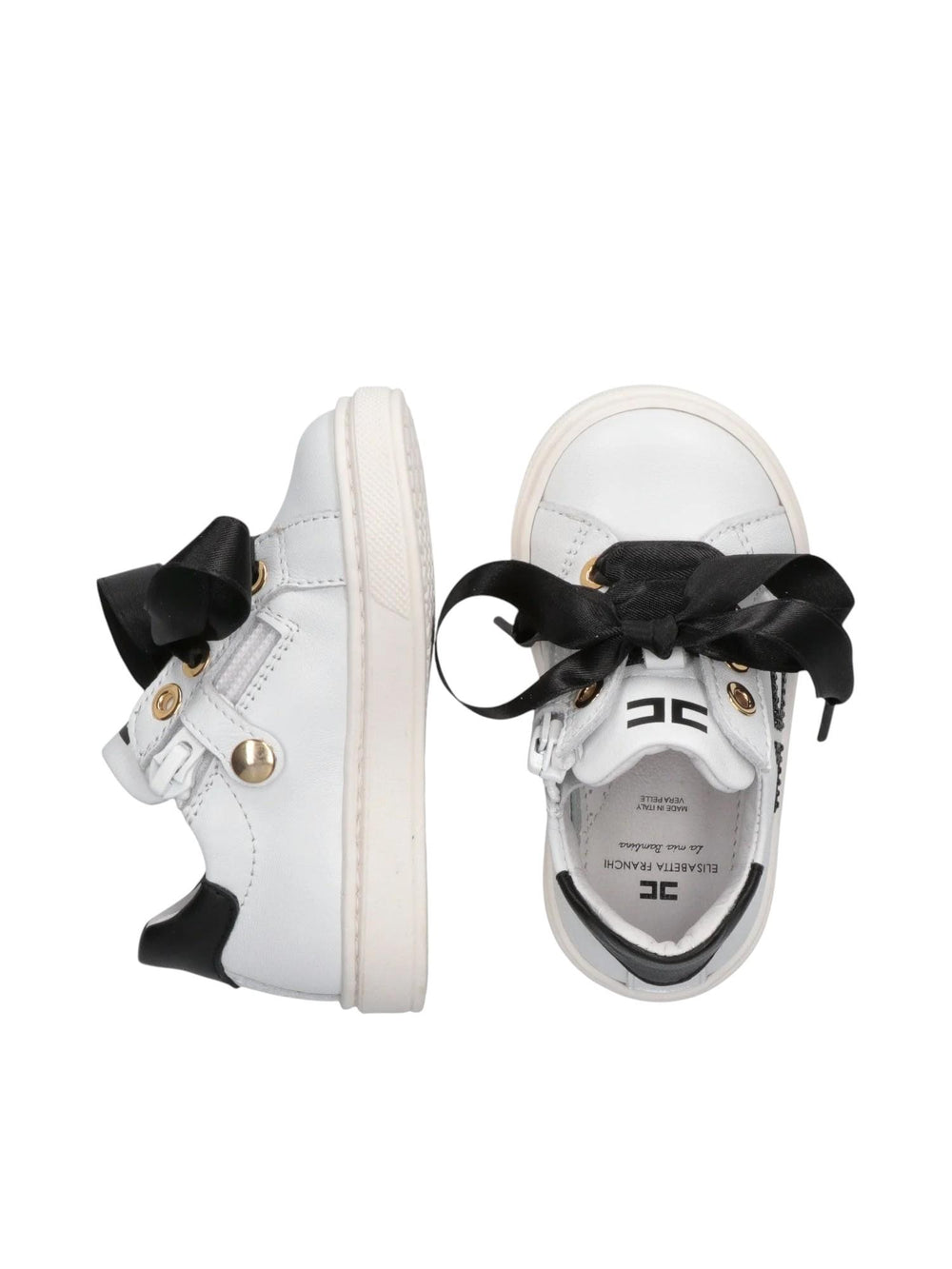Sneakers bambina in pelle bianca con fiocchi e dettagli neri