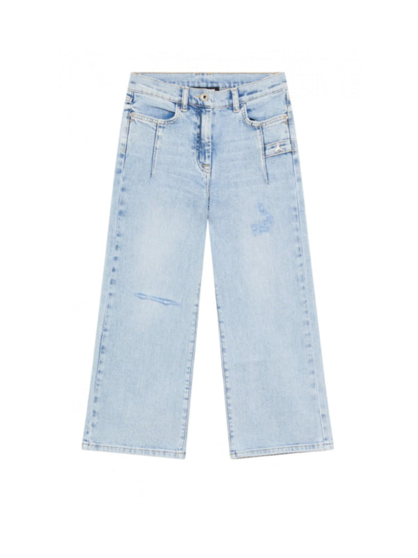 Jeans bambina a gamba larga in denim chiaro effetto used