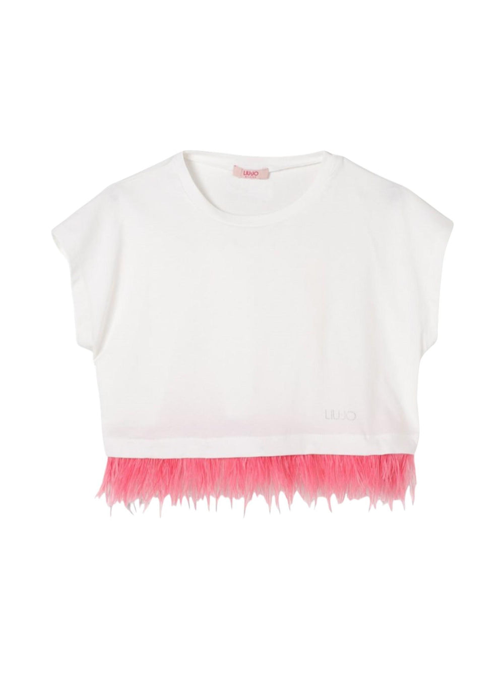 T-shirt bambina bianca cropped con bordo in eco-pelliccia rosa