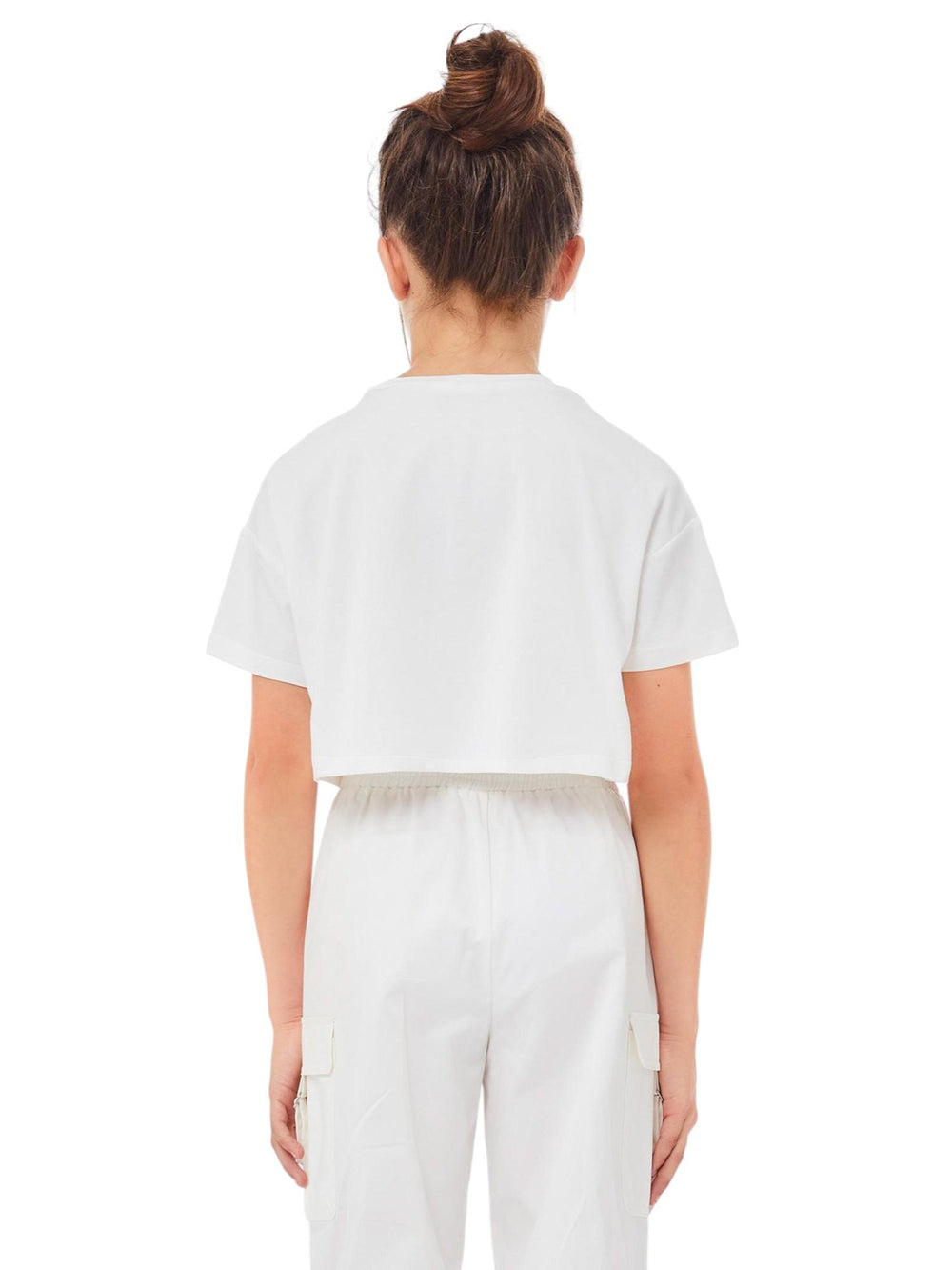 T-shirt bambina bianca cropped con tasca utility