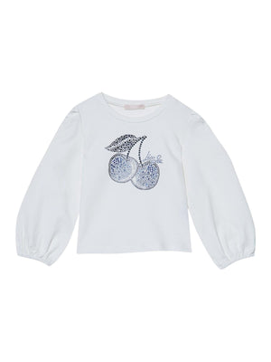 Felpa chiusa bambina bianca con ciliegie in strass blu
