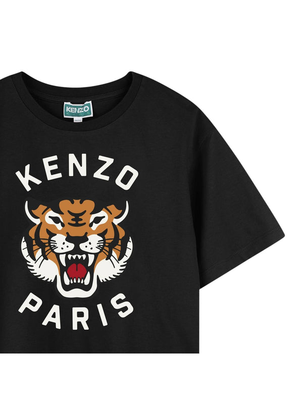 T-shirt bambino blu ardesia in cotone con stampa tigre