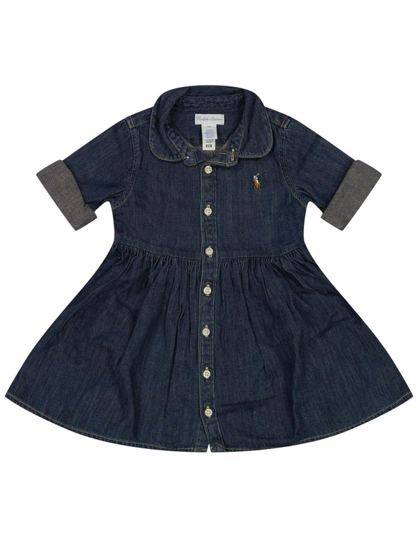Abito bambina in denim blu con maniche risvoltabili