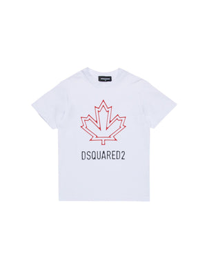 T-shirt bambino bianca con foglia dacero rossa