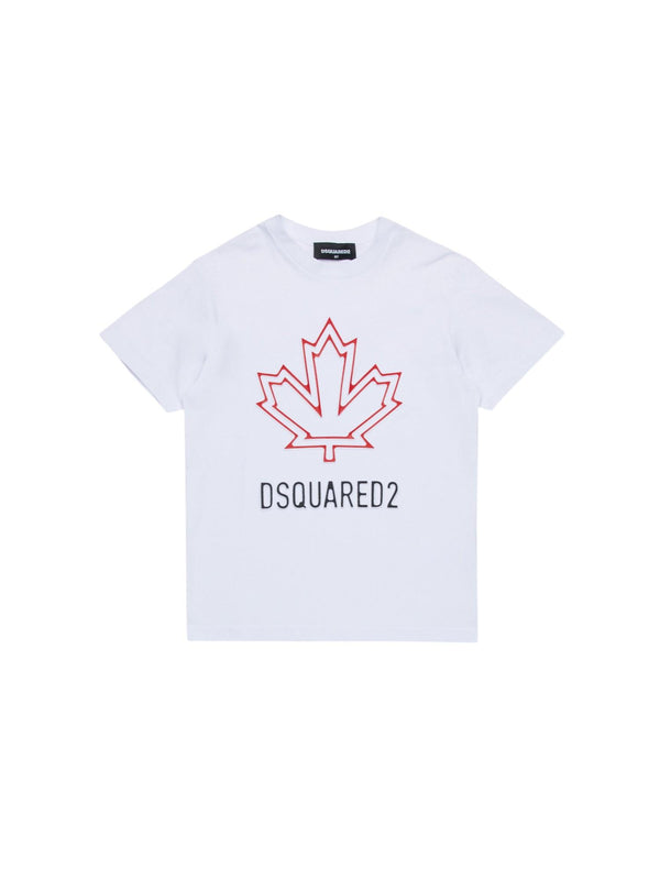 T-shirt bambino bianca con foglia dacero rossa